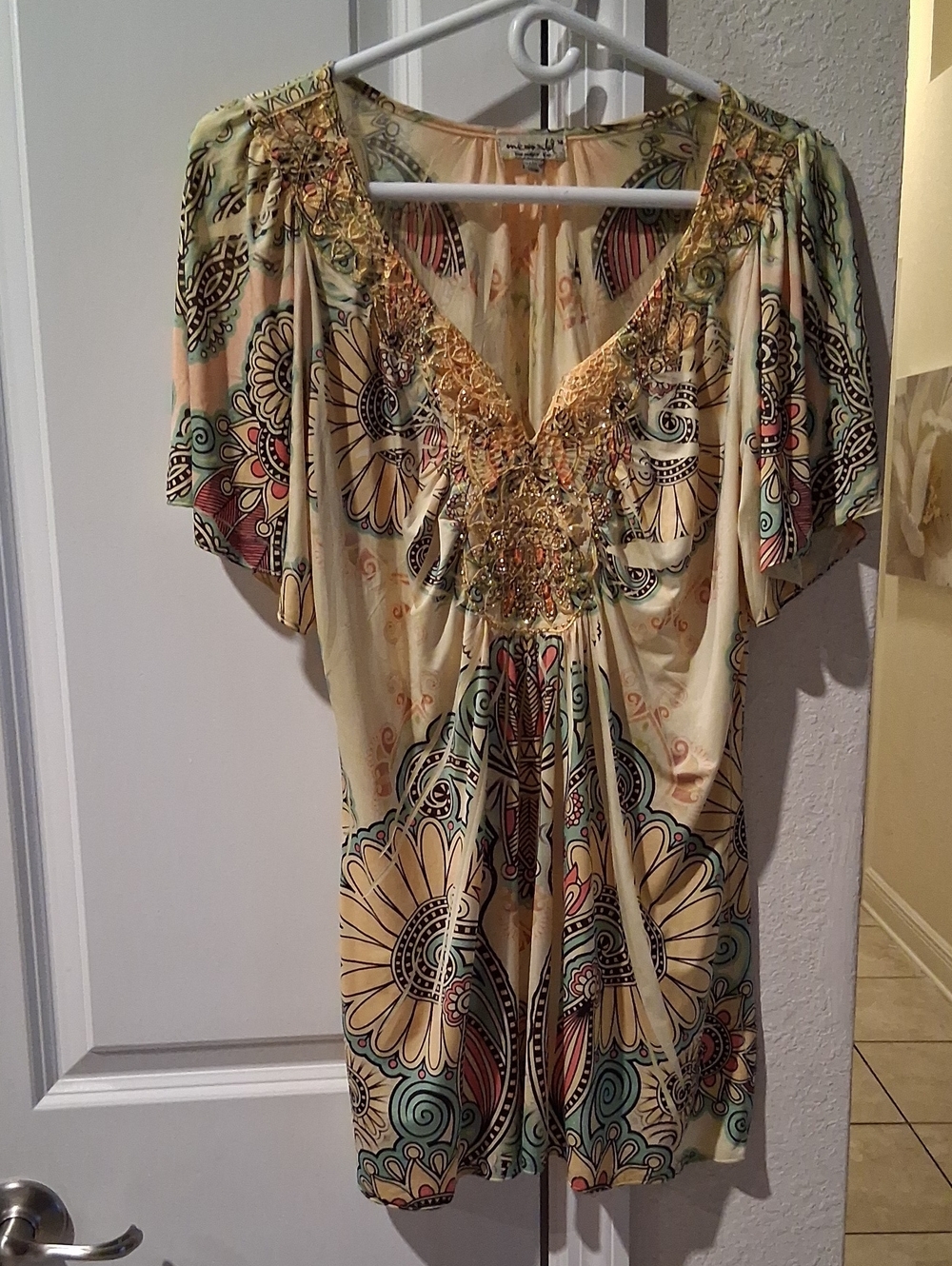 ONE WORLD Cream Floral Beaded V-Neck Tunic